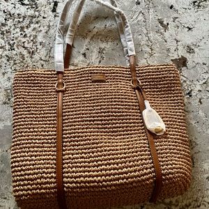 NWT Ralph Lauren Raffia Bag with caramel brown leather straps